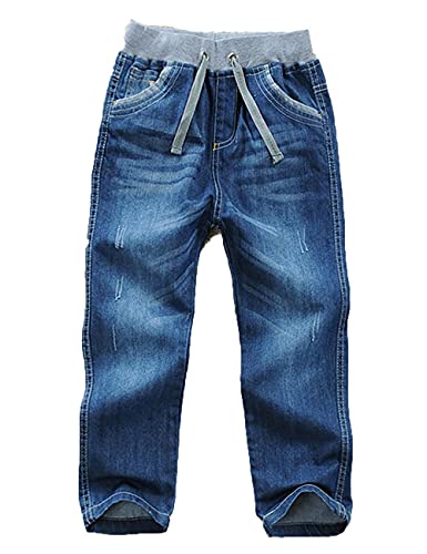 Echinodon Jungen Jeans Jeanshose Baumwolle Straight Fit Kordelzug Bund Denim Hosen für Kinder Dunkelblau 140 Cover