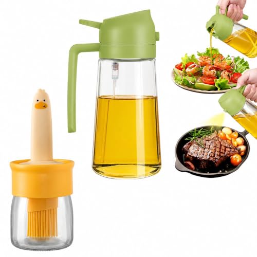 Image of 2-in-1 Oil Dispenser & Sprayer for Kitchen, 470ml Glass Olive Oil Spray Bottle w Fine Mist & Pour Spout + 200ml Plastic Silicone Brush Bottle, Leakproof, Cooking, BBQ Baking & Air Fryer Combo