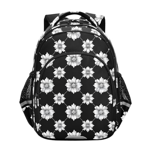 Mochila con rombos negros de flores para la escuela primaria para niños y niñas, mochila informal para niños, mochila de hombro, talla M, mochila para niños