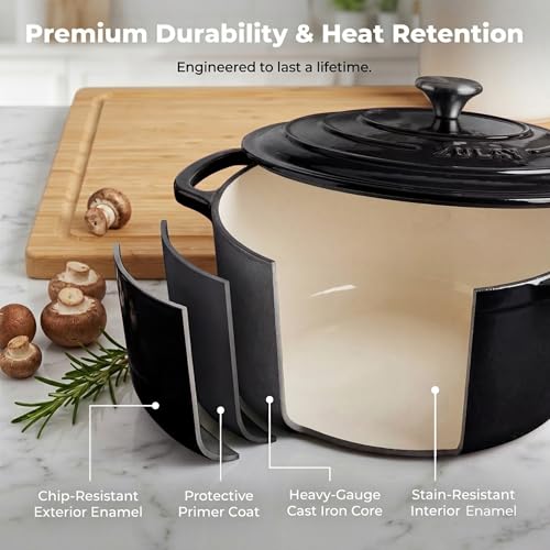 Image of Zulay Kitchen 7.7 Quart Enameled Cast Iron Dutch Oven Pot with Lid - Premium Durability & Oven Safe up to 500F - Heavy Duty Cookware Perfect for Bread Baking, Stews, Braising & Roasting - Black