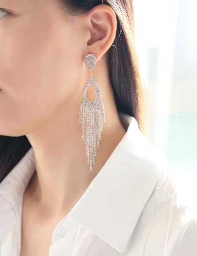 Rhinestone Teardrop with Long Tassel Earrings Sparkly Dangle Earrings for Women2