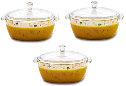 Shivanta Enterprise Microwave Oven Safe Serving Glass Bowl Set with Glass Lid, Tempered Glass, Rice Bowl for Serving Dinner, 1000 ml (Pack of 3) ,Solid