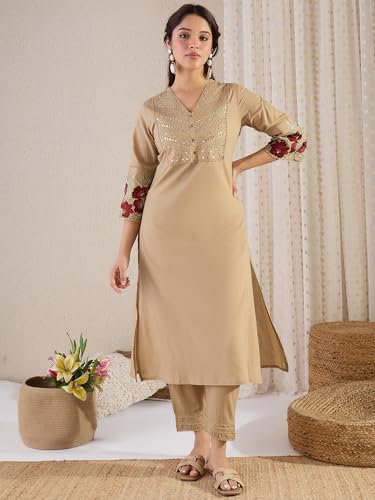 Image of INDO ERA Women's Straight Pure Cotton Floral Embroidered Kurta & Pant with Dupatta Set (IESTR10171)