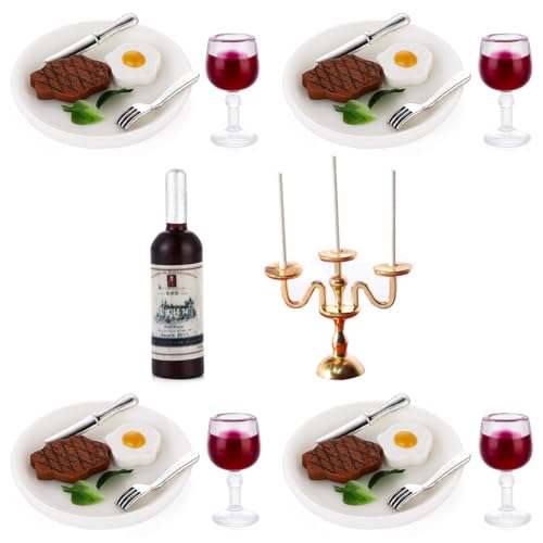 NETUME Ensemble de 34 Pièces Nourriture Miniature Boisson Accessoires Maison de Poupee, Objet Miniature Steak de Vin et Chandeliers pour Cuisine Miniature...