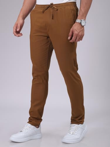 Image of The Indian Garage Co Men Slim Fit Solid Mid-Rise Elasticated Linen Jogger Trouser