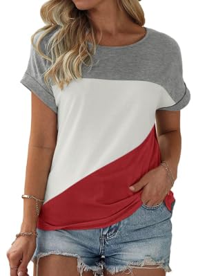 Fisoew Damen T-Shirt Baumwolle Rundhals Oberteile | Sommer,Farbblock,Kurzarm,Oversize,Casual,Basic,Bluse,Locker Tops
