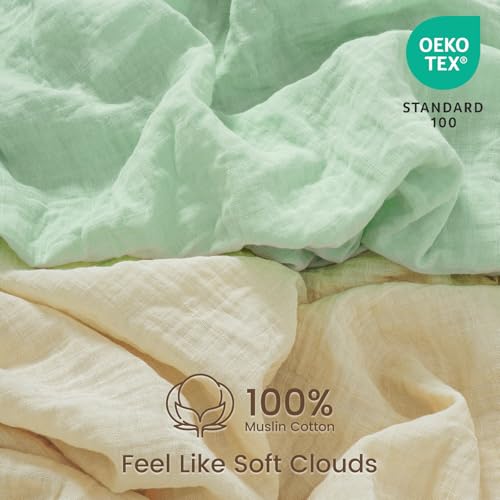 Image of david's kids Muslin Mini Crib Sheets, 2 Pack Cotton Pack N Play Sheets for Boys Girls Neutral, Soft Breathable Baby Sheets Fit Pack N Play, Playard and Mini Crib Mattresses, Beige & Green