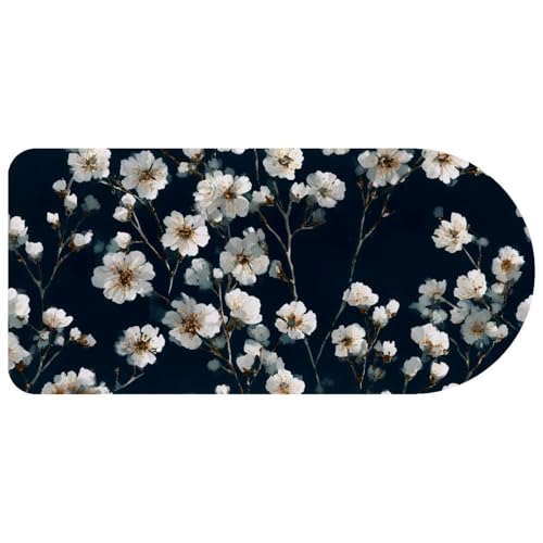Tapis de souris grand format fleurs blanches sur bleu foncé pour bureau 73x30cm