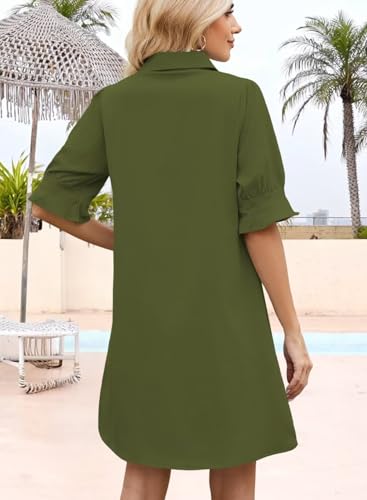 Image of Womens Summer Shirt Mini Dresses 2026 Beach | Flowy Shift Dress, Button V Neck, Polo Collar, Ruffle Short Sleeve, Floral Boho Style, Casual Vacation Outfits with Pockets