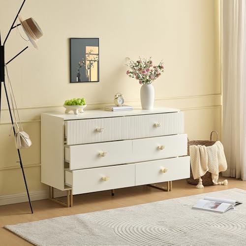 GAWYOEX Cómoda blanca con 6 cajones de 120 cm de ancho, aparador de salón con patas de metal, armario de almacenamiento para dormitorio, armario de pasillo (A)