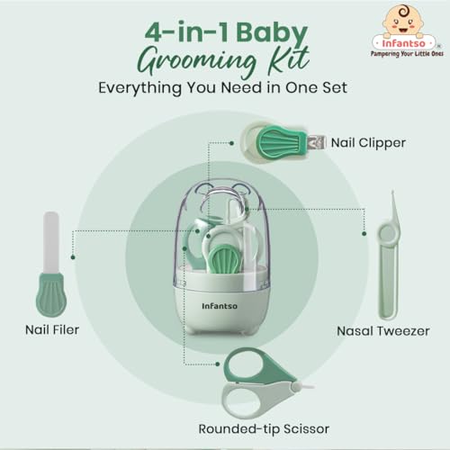 Image of Infantso (4-in-1) Baby Grooming Kit for Newborns & Toddlers (0-3 Years) | Nail Grooming Kit for Baby - Manicure Set with Kids Nail Clipper, Scissor, Filer & Nasal Tweezer | Baby-Safe Rounded Edges | Compact Travel Case