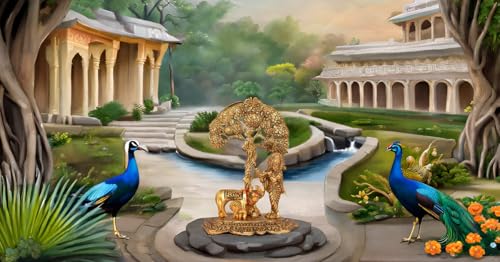 Image of Lavanaya Silver -Metal Krishna Playing Flute Idols Statue Murti with Kamdhenu Cow Standing Under Tree - Gold Plated Krishna Idol Showpiece for Home Office Temple Decorkrishna with Cow