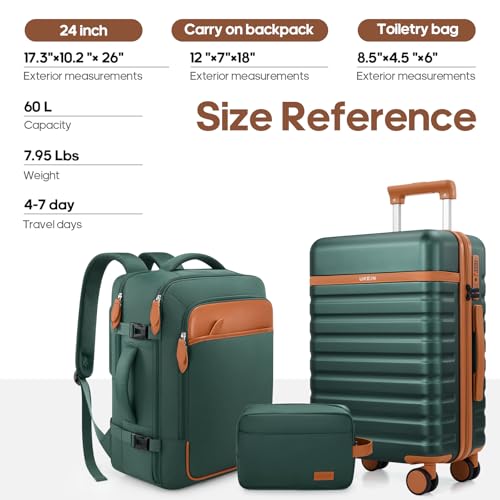 Image of UKEIN Luggage Sets 3 Piece, PC Hardside Large Luggage 24 Inch With Spinner Wheels with TSA Lock, Carry On Suitcase Set With Travel Backpack for Men (Green, 3 piece set (24inch))
