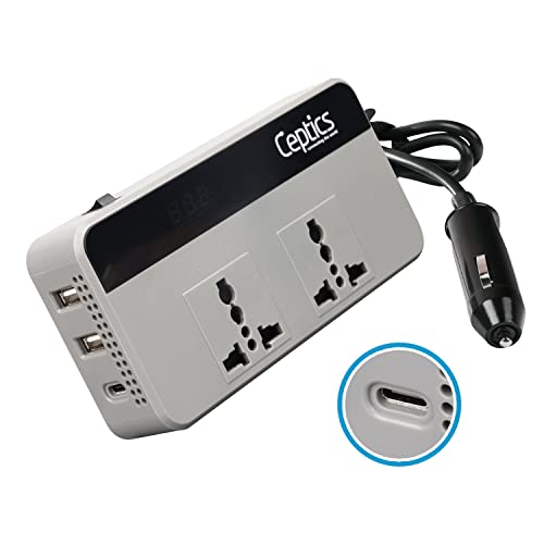 Ceptics-200W-Car-Laptop-ChargerPower-Inverter-with-2-USB31A-Max-1-C-Type1-18W-PD-Smart-USB-Charging-Ports-12V-DC-to-220V-AC-2X-Universal-AC-Outlet-Grey-18-Months-Warranty