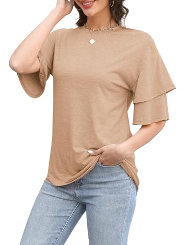 Camiseta Mujer Verano 2025, Tops Cortos con Cuello Redondo & Blusa Casual con Volantes - Camisetas de Manga Corta/Tres Cuartos, Moda Cómoda para Diario/Fiesta/Playa Khaki 2XL
