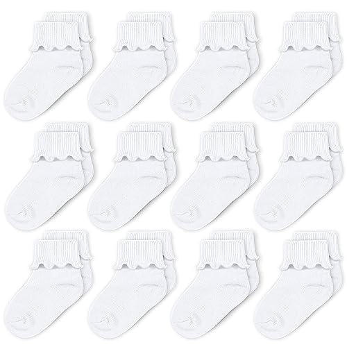 Image of CozyWay Baby Girls Socks Ruffle Ripple Edge Turn Cuff Socks for Baby Toddler Girls | 12-Pairs