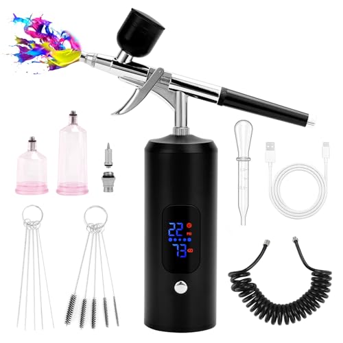 BriSunshine Kit Aérographe Sans Fil, 38PSI Réglable avec Compresseur, Rechargeable, Écran LCD, Tuyau Extension, Idéal pour Coiffure, Nail Art, Décoration...