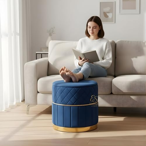 Image of ENIQE STORE Set of 2 Round Velvet Ottoman Footstool Gold Base - Tufted Upholstered Pouffe Stool for Living Room, Bedroom & Dressing Area (Blue-2)