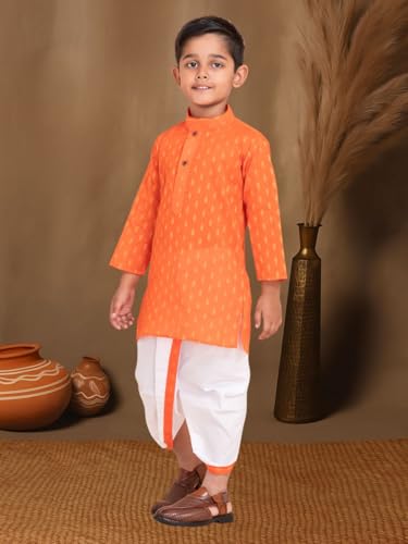 Image of Boys Dhoti Kurta Set for Kids - Cotton Kurta and Elastic Waist Dhoti - Traditional Dress