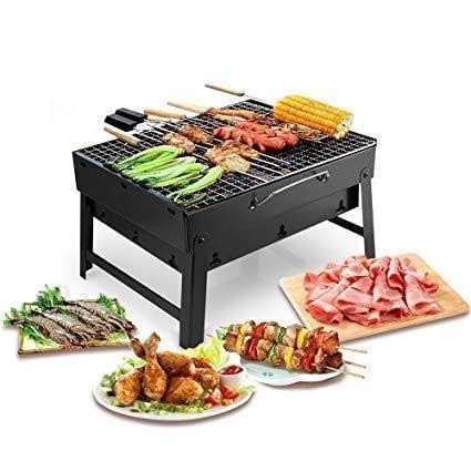 Image of NEW 2026】Portable Barbecue Grill Folding BBQ Grill, 【5 Pc Combo】12 Skewers, 2 Spatula, 1 BBQ Grill, 1 Air Blower, Foldable Charcoal Barbecue Set for Outdoor Camping, Picnic, Travel - Heavy Duty Black