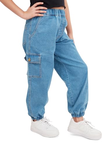 Image of olele Girls Super Jeans Collection for 4-14 Yrs | Stretchable Cotton Denim Trousers | Blue Jeans for Kids | Baggy Denim Pants | Cargo Pants for Girls