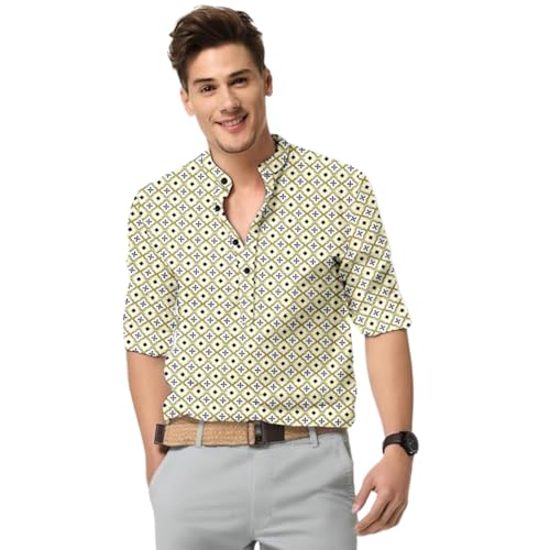 Image of Dream Crushers Cotton Blend Solid Casual Short Kurta for Men Long Sleeve Mandarin Collar Stylish Shirt Kurta for Men