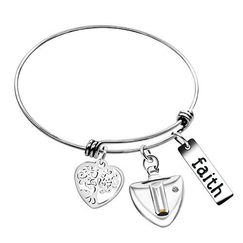 Image of Uloveido Mustard Seed Faith Tree Bangle Bracelet, Stainless Steel, with Glass Charm Bottle Case Y757