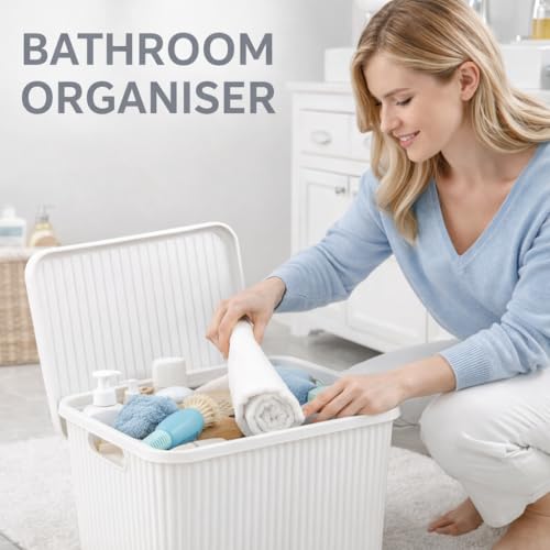 Image of Plastic Storage Box with Lid - Large Stackable Organizer Storage Box for Clothes, Toys, Kitchen - Big Size Plastic Storage Container Basket for Home, Office, Bathroom(Large,Pack of 2,White)