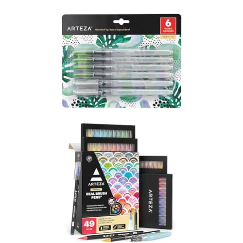 Arteza Water Brush Set of 6 - Fine, Medium & Broad Tips and Real Brush Pens 48 Watercolor Pens for Dynamic Watercolor Effects and Calligraphy