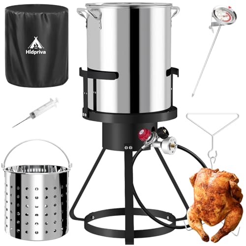 Outdoor Turkey Fryer Set 30QT | Stainless Steel Pot with 15QT Basket | Lid & Lifting Hook & Thermometer | 50,000BTU Propane Gas Burner | For Turkey, Crawfish, Crab, Shrimp & Lobster