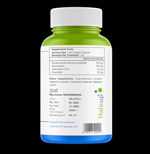 Image of Haleup Usa Nmn 500 Mg 3-In-1 Formula,Enriched With Resveratrol,Quercetin And Coq10|99.9% Pure|Healthy Ageing|Cellular Repair|Boost Nad+|Energy Levels|Skin Health,1 Count,30 Capsules