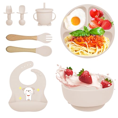 Bizcasa Louça de silicone para bebé, 8 peças, louça de silicone antiderrapante, com prato tigela babete caneca, louça de aprendizagem para comer desmame, sem BPA (bege)