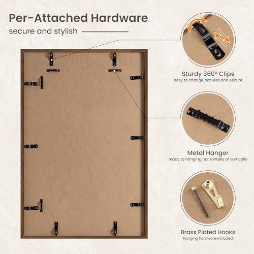 Image of FLYJOE 16x24 Oak Wood Picture Frame with Mat for 12x18, 16 by 24 USA-Sourced Natural Solid Wooden Poster Frame for Wall Display, Tempered Real Glass, Hanging Hardware Included, 1 Pack, Walnut Color