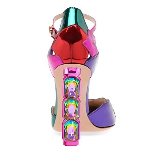 FSJ Women Shiny Crystal Heel Colorful Sandals Pointed Toe High Heel Ankle Strap Buckle Party Prom Dress Ladies Shoes Size 4-15 US4