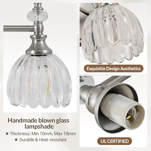Image of ANDY STAR 1-Light Brushed Nickel Bathroom Vanity Light, Transitional Sconce | Ribbed Glass & Crystal Accent, Damp-Resistant, Heat-Resistant E12 Base, Reversible Up /Down Mounting