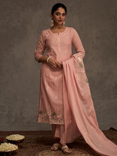 Image of INDO ERA Women's Pure Cotton Floral Embroidered Straight Kurta with Pant & Dupatta Set (IESTR11757)