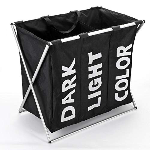 Vinsani Collapsible Laundry Bag Basket with 3 Compartments & Stand, Foldable Washing Storage Bin Hamper with Carry Handle, Black