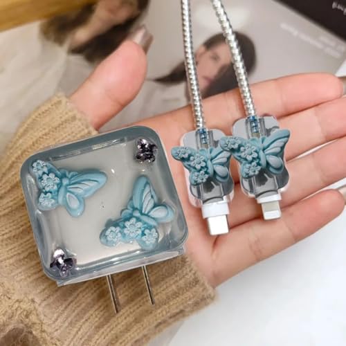 Image of Cable Protector with 3D Cute Pattern for iPhone Charger only 18W & 20W, Data Charging Cable Wire Saver Protective Cable Cover Full Protection Cable Sleeve (Blue 3D Butterfly)