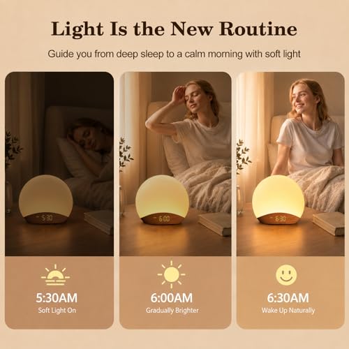 Image of REACHER Wood Grain Sunrise Alarm Clock and Sound Machine Nightlight, Digital Dimmable Clock for Bedroom, 26 Sleep Sounds, White Noise Machine for Baby, Adults, Wake Up Light Alarm Clock for Kids | Digital Dimmable Clock for Bedroom, 26 Sleep Sounds, White Noise Machine for Baby, Adults, Wake Up Light Alarm Clock for Kids