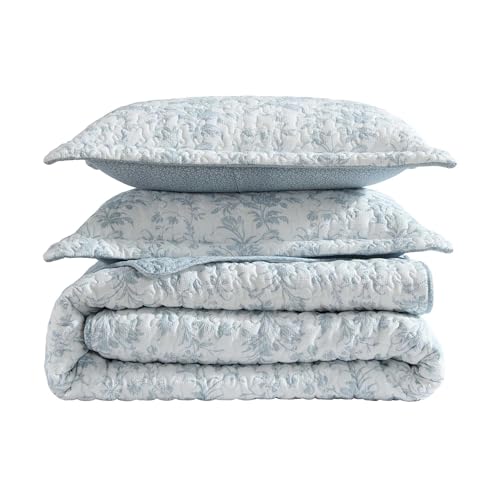 Image of Laura Ashley - Queen Quilt Set, Super Soft Bedding with Reversible Design, Medium Weight for Year Round Use, 3 Piece Bed Set with Matching Pillowcases (Amberley Pastel Blue)