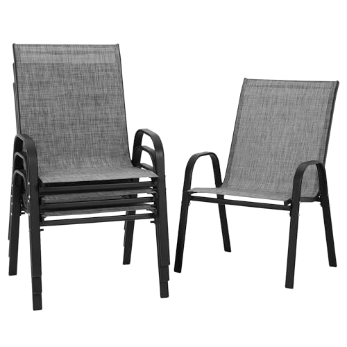 PIZZELLO Patio Chairs Set of 4, Outdoor Stackable Dining Chairs for All Weather, Lightweight Textilene Outdoor Chair Sets with Armrests, 300Lbs Capacity, for Backyard Porch Poolside Garden (Grey)