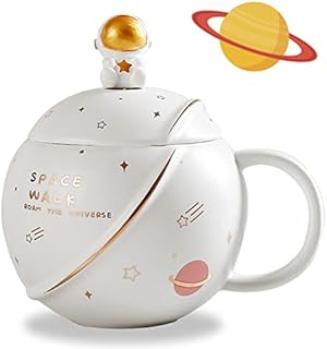 Cute Space Ceramic Mug, Kawaii Astronaut Coffee Cup, Funny Mugs with Lid and Spoon, Personalised Cups for Coffee, Tea and Milk, Mothers Day Gifts Mug, Birthday Gifts for Women/Kids, 400ML (White)