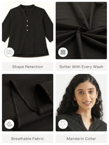 Image of SAADAA Women Short Kurti Airy Linen Regular Fit Kurta with 3 /4th Sleeves, Mandarin Collar, Side Slit Perfect for Casual, Formal, and Ethnic Wear