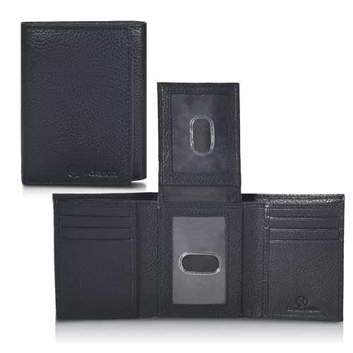 Genuine Leather Mens RFID Blocking Slim Trifold Wallet with Middle Flap 9 Cards+ 2 ID Window + 2 Note Compartments. (Black Pebble)