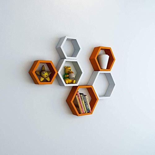 Image of BAS Brown Art Shoppee Decorative Display with Hexagon Shape Painted Finish Engineered Wood Floating Wall Shelves and Racks (Orange and White) - Set of 6