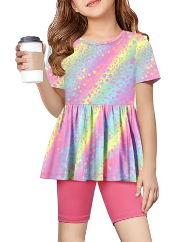 Image of Arshiner Girls Summer Outfits Short Sleeve Ruffle Hem Top and Biker Shorts Set Girl Clothes 4-15 Years
