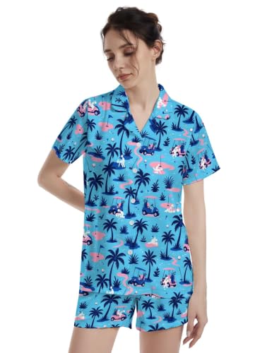 Image of Funny Pajamas for Women Set Print Satin Loungewear Pjs Short Sleeve Button Down Top and Shorts Sets Sleepwear XS-3XL