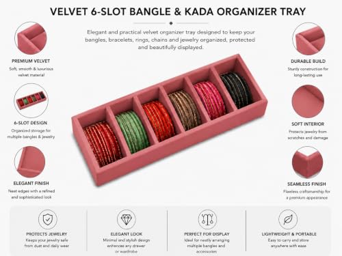 Image of La Trove 6 Slot Velvet Bangle Organizer Tray for Kada & Bracelets, Pink | Lined sections hold bangles, kada, bracelets, rings & chains; keeps accessories sorted in drawer, wardrobe & dressing table