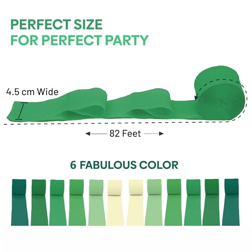Image of 12 Green & White Crepe Paper Streamers, 984ft Pack of Party Decorations | Each roll is 82 ft long and 1.8 Inch wide ideal for Birthday Party Decor, Graduation Parties and St.Patrick's Day