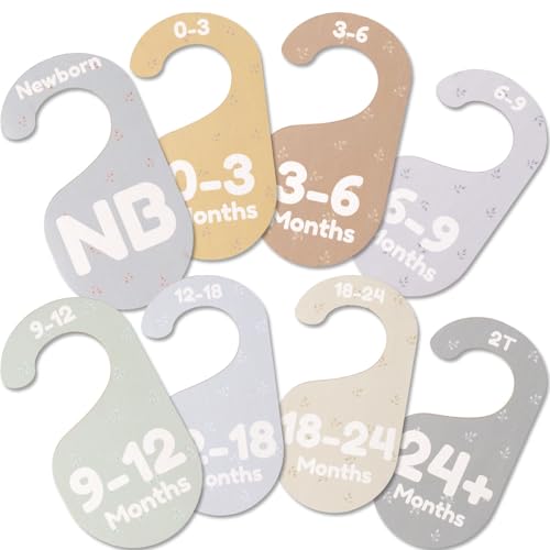 Image of Giftacity Baby Closet Dividers for Clothes Organizer - Set of 8 Adorable Wooden Double-Sided Baby Clothes Size Hanger Organizer from Newborn to 24+ Months for Nursery Beautiful Minimalist Decor